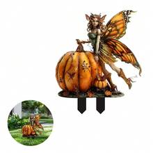 Decoração de Halloween Fada Abóbora com Asas Elfo Bruxa Estaca Decorativa para Chão Planta em Vaso Adereço Placa - A - Visão 5