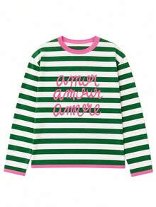 1pc Girls French Style Green & White Striped Amor Towel Embroidery Long Sleeve T-Shirt, Pink Trim Vintage Loose Slouchy Spring Autumn Inner Layer Top - Green - View 5