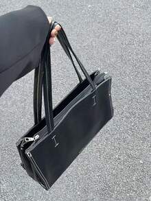 韓系小眾設計 INS 風格女款單肩包 大容量布製托特包 超輕量 短途旅行 通勤 日常出遊 購物手提包 - 黑色 - 查看 6