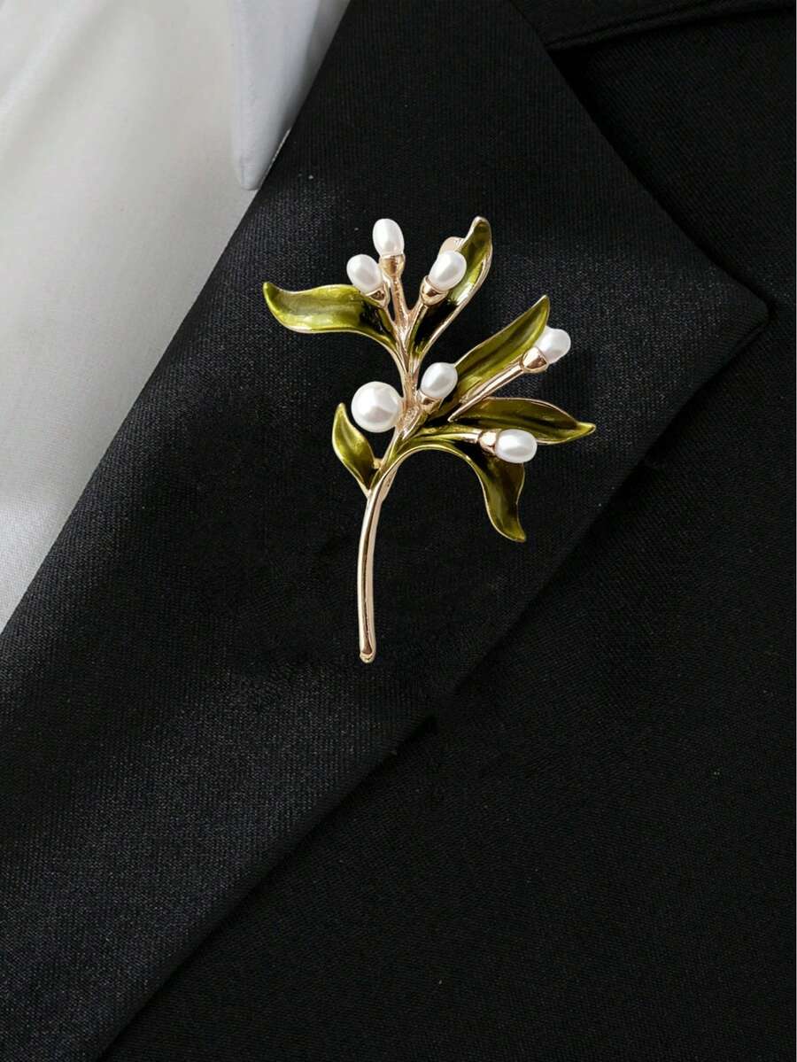 法式優雅橄欖枝胸針女款,百搭奢華飾針配件,適用於西裝、洋裝、包包 - 綠色 - 查看 1