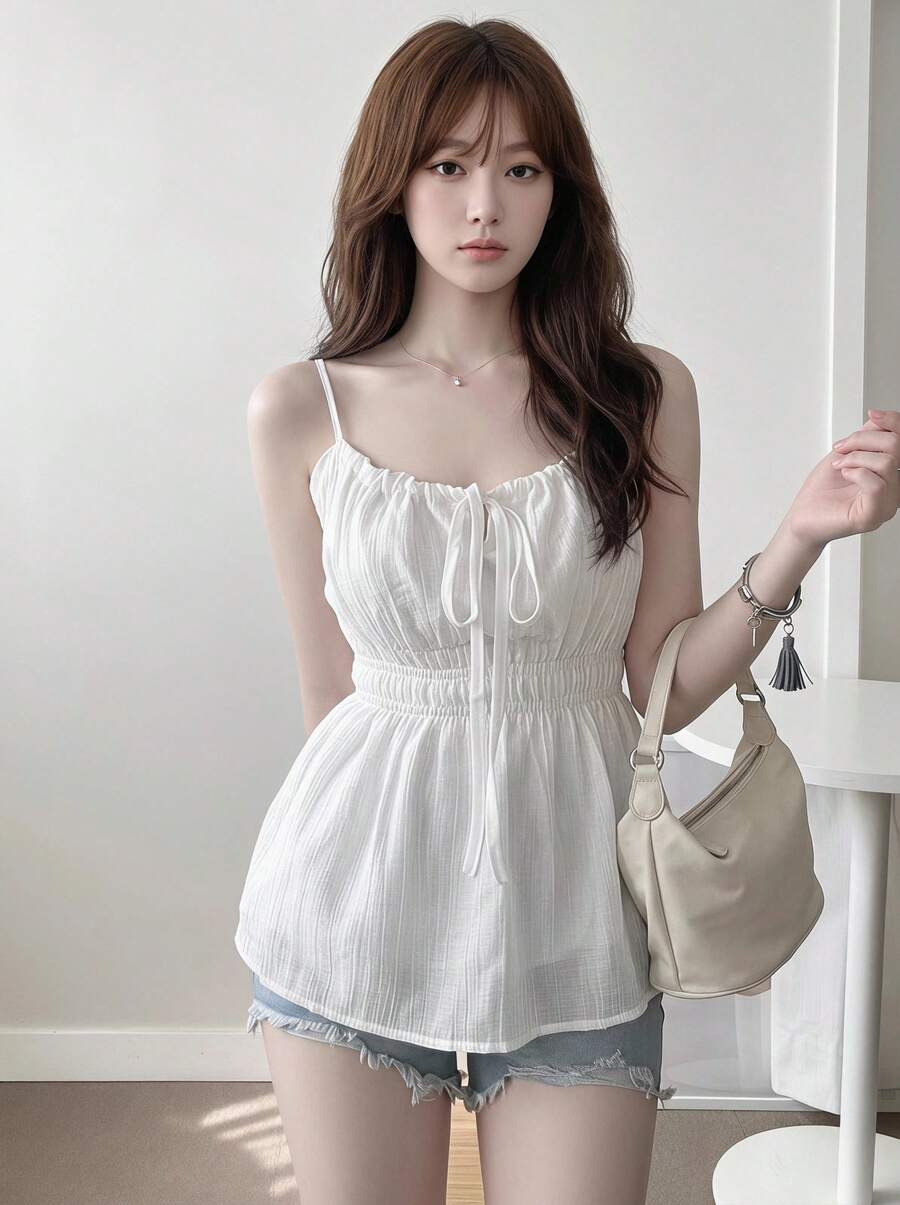 Yorily 韓系時尚春季蕾絲飾邊提花細肩帶洋裝,優雅可愛女款白色夏季休閒背心裙 - 白色 - 查看 1