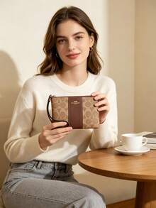 Coach Women's Diagonal Zipper Wristlet Wallet, Striped Logo Canvas Clutch Handbag - Brown - View 4