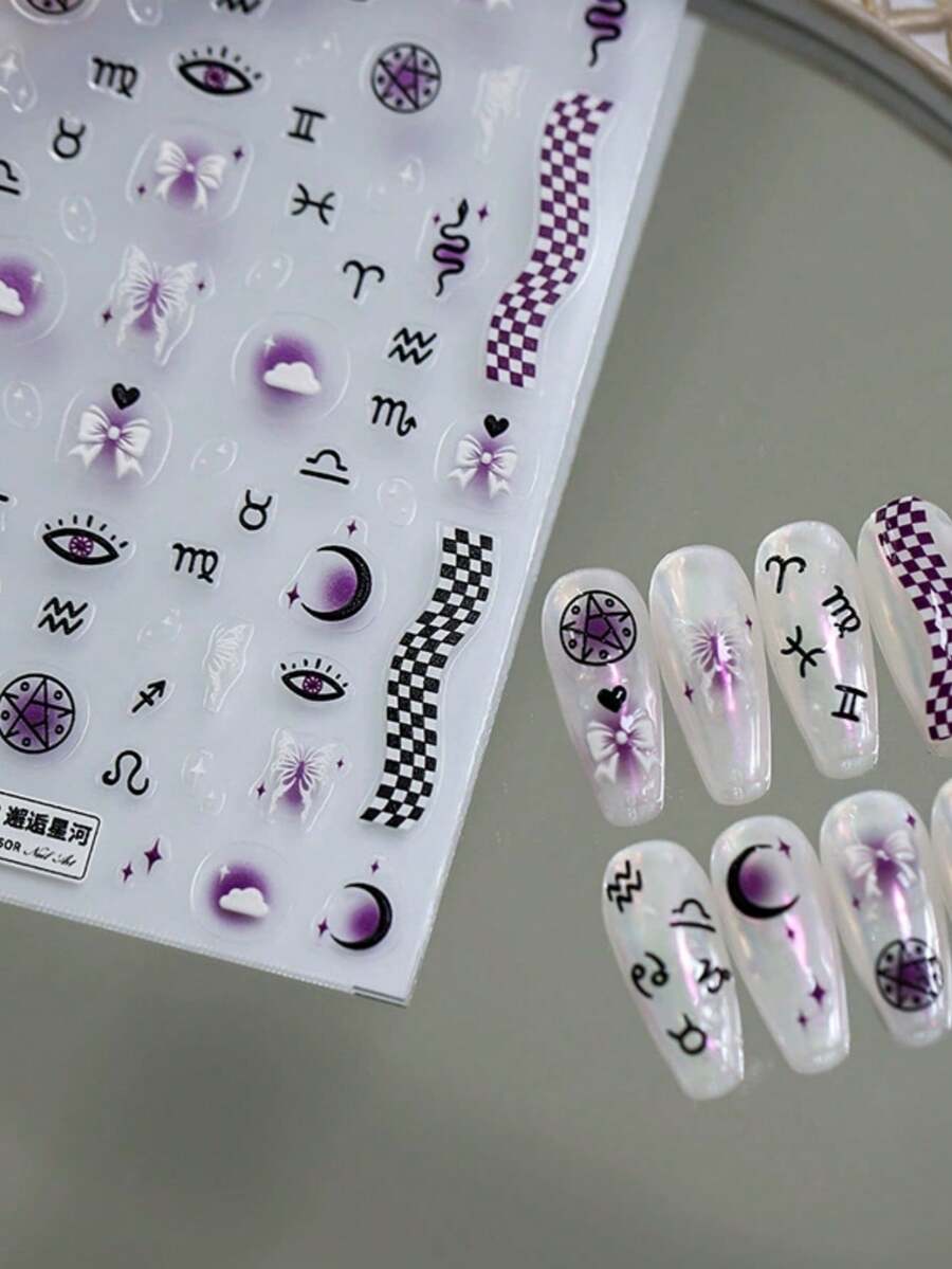 1片銀河十二星座蛇貓眼月亮星星蝴蝶結美甲貼紙 5D天體神秘感美甲貼片 自黏式美甲裝飾貼 Women用 - 彩色 - 查看 1