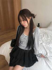 Early Autumn Korean Cute Girl Lace Tie Strap Cardigan Set - Grey - View 2