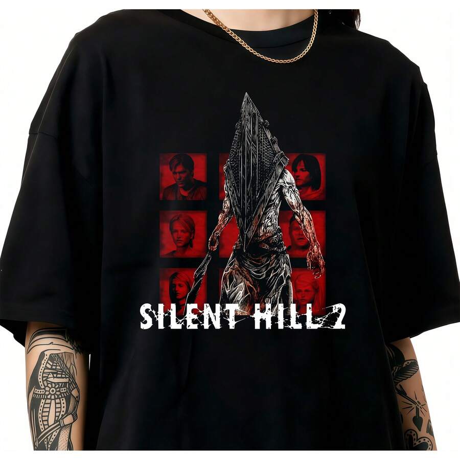 Silent Hill 2 Pyramid Head Character Collage T-Shirt Classic Horror Game Retro Bootleg Fan Tee. - 黑色 - 查看 1