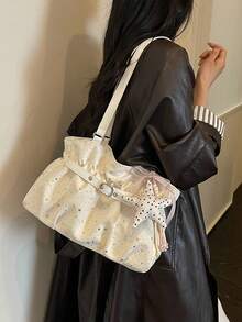 New Casual Solid Color Oxford Cloth Tote Bag, Star Pattern, Pleated Fabric Women Shoulder Bag, Aesthetic - White - View 5