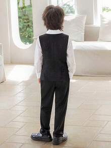 Young Boy 3-Piece Formal Suit Set, Young Boy Gentleman Outfit, Vest + Pants + Bow Tie, Suitable For School Performance, Wedding Ring Bearer, Banquet And Other Occasions - Black - View 3