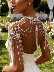 Accesorio de cadena de hombro con pedrería para moda nupcial de boda, adorno de hombro con borlas para pasarela de mujer - Plateado - Ver 3
