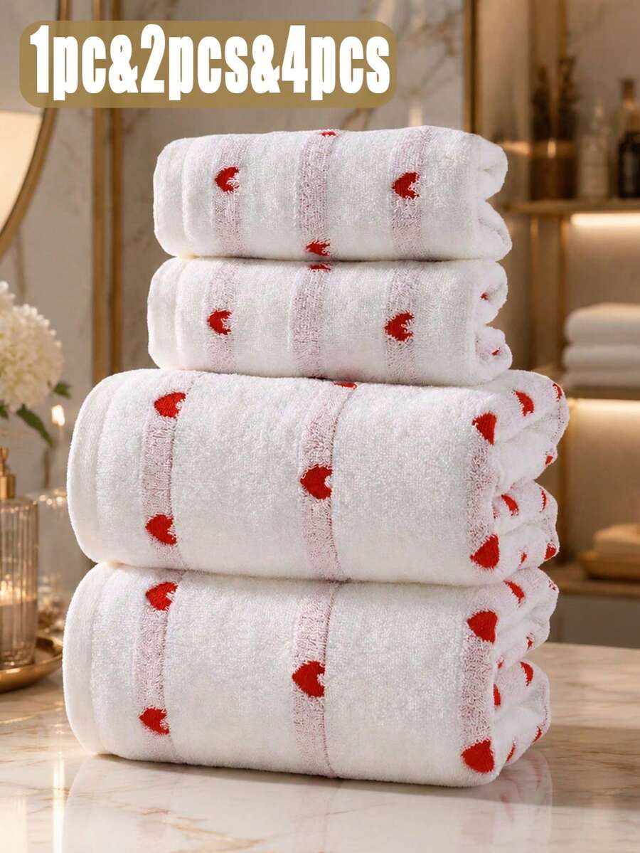 1pc/2pcs/4pcs Red Heart Embroidered Couple Towels, Valentine's Day Gift, Soft Absorbent, Non-Shedding, Face Towel/Bath Towel, Personalized Adult Towel Set, Suitable For Home, Pool And Daily Use - White - View 1