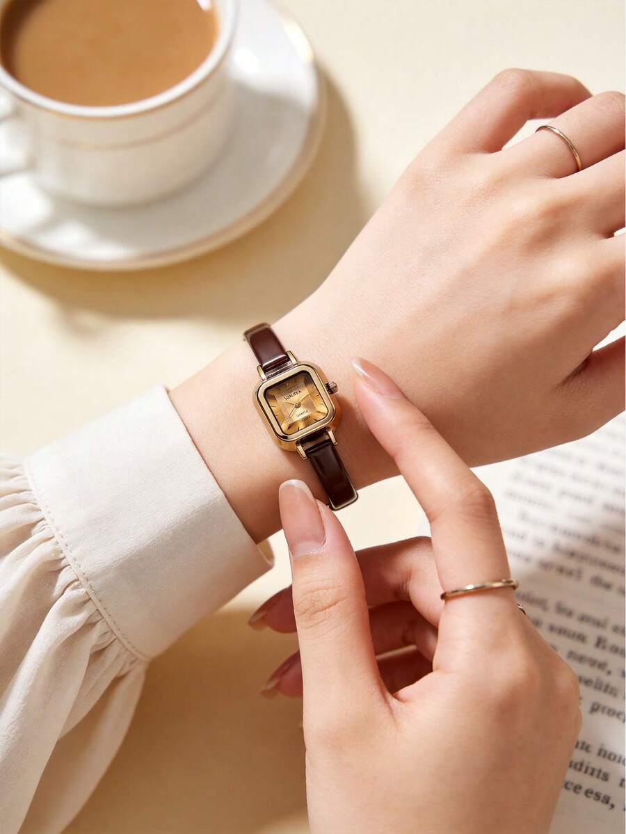 1 PC Mini Square Dial Women's Jewelry Quartz Watch, Light Gold/Transparent Coffee Dual Dial, Slim PU Strap, Light Luxury Niche Women's Watch - Coffee Brown - View 1