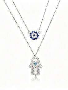 Light Luxury Fatima's Hand Evil Eye Double Layer Necklace & Earring Set, Blue Diamond Inlaid S925 Sterling Silver Protective Jewelry 2pcs Set - Silver - View 5