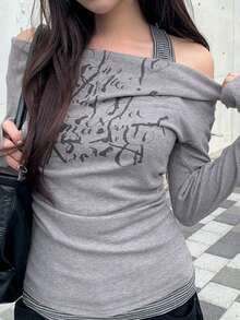 Kaos Lengan Panjang Motif Korea Model Halter Neck Cold Shoulder 2 In 1 - Grey - View 2