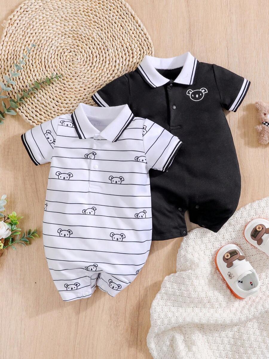 2pcs/Set Newborn Unisex Baby Koala All-Over Print Embroidered Polo Shirt Short Sleeve Romper Summer - Black - View 1