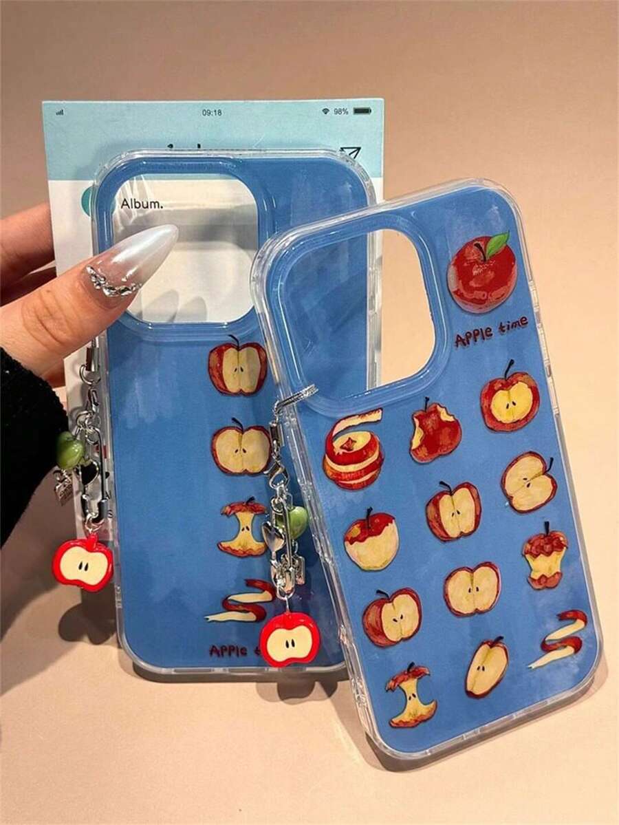 Couple New Cartoon Single Layer Apple Eating Lanyard Phone Case Compatible With IPhone 17 Pro Max/17 Pro Max/16/15/14/13/12/11 IMD Large Hole Minimalist Double Layer Anti-Drop Protective Case - Multicolor - View 1