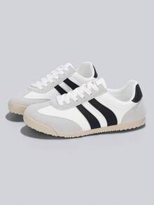 Flipark 1 Pair Women's Light Colorblock Striped German Trainer Shoes, Flat Lace-Up Retro Commuter Casual Sneakers, Collegiate Style - White - View 6