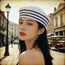 Halloween Cosplay Sailor Hat, Holiday Party Costume Accessory, Captain Navy Hat, Nautical Hat, Sailor Captain Cap, Round Top 6-Panel Brimmed Hat - Multicolor - View 8