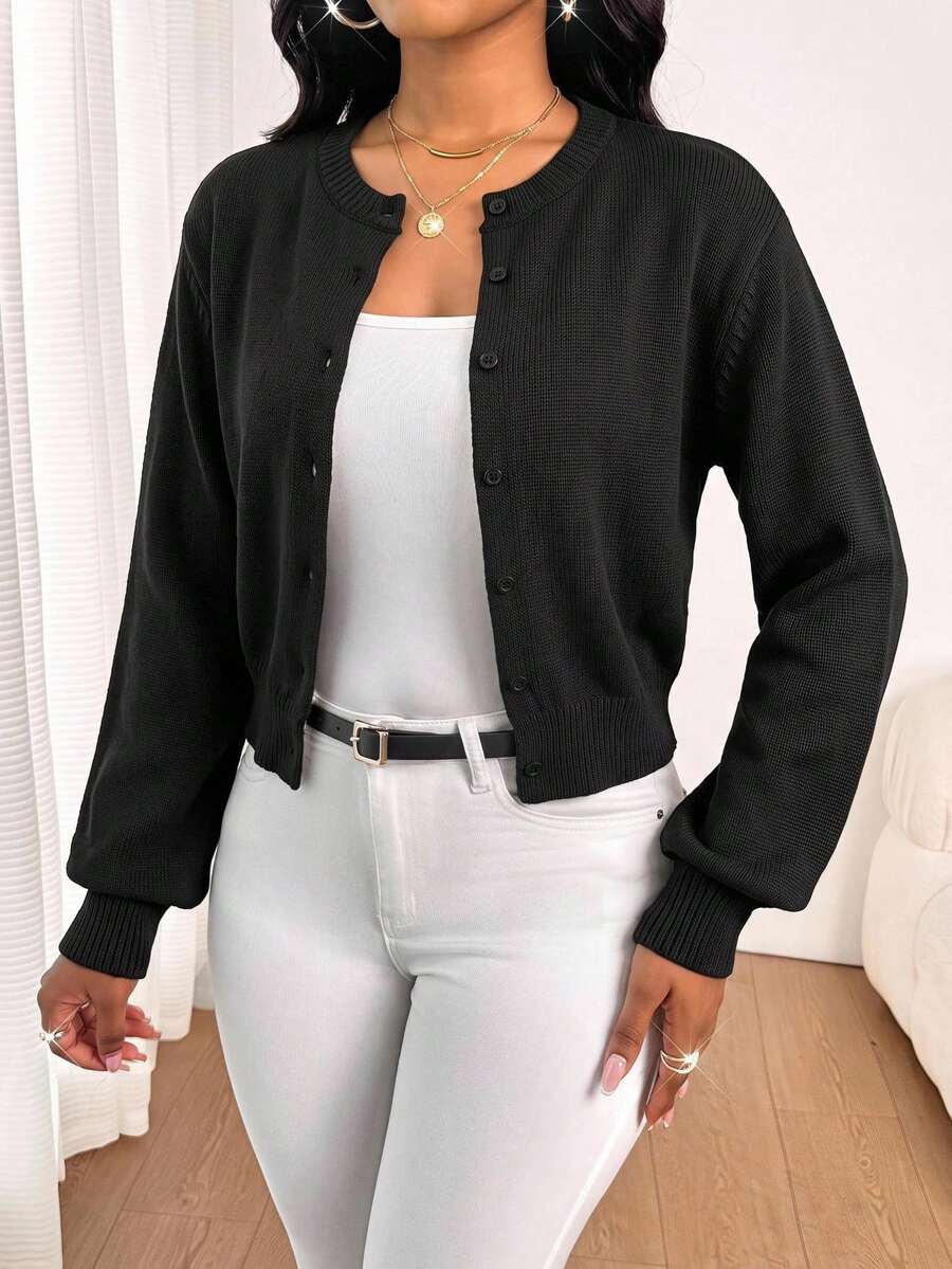 SHEIN Lady Women Casual Solid Color Crew Neck Long Sleeve Loose Cropped Black Cardigan Women Winter Coat Fall - Black - View 1