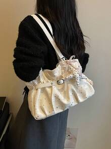 New Casual Solid Color Oxford Cloth Tote Bag, Star Pattern, Pleated Fabric Women Shoulder Bag, Aesthetic - White - View 3