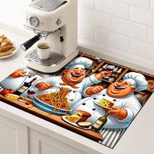 1pc Happy Chef Print Diatom Mud Kitchen Drain Mat, Absorbent Quick-Drying Non-Slip Coffee Machine Pad, Suitable For Kitchen Countertop, Dish Rack, Dining Table And Coffee Bar Decoration - Multicolor - View 4