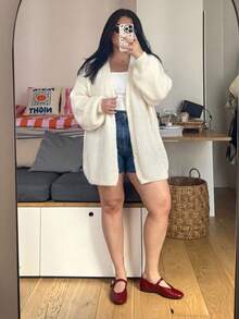 Plus Size Women's Solid White Fashionable Commuter French Vacation Style Cardigan, Suitable For Spring/Autumn/Winter - Beige - View 7