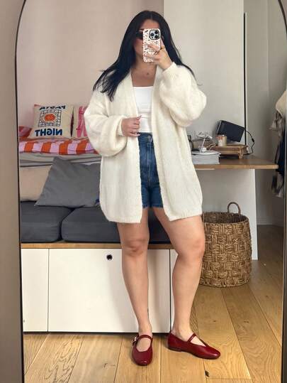 Plus Size Women's Solid White Fashionable Commuter French Vacation Style Cardigan, Suitable For Spring/Autumn/Winter