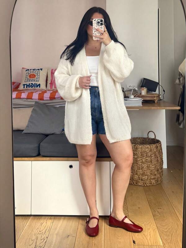 Plus Size Women's Solid White Fashionable Commuter French Vacation Style Cardigan, Suitable For Spring/Autumn/Winter
