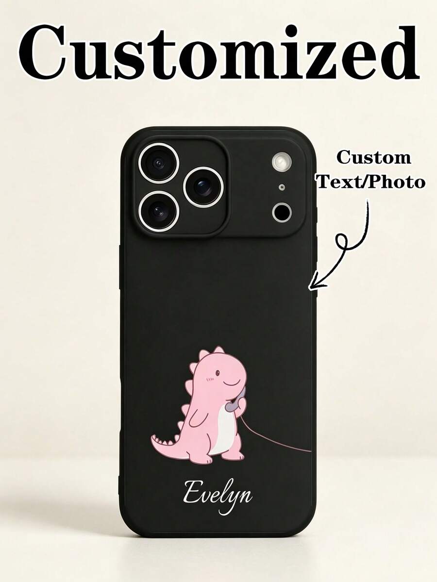 1pc Personalized Customized Name Valentine's Day Dinosaur Pattern Shockproof Black Full Coverage Lens Phone Case, Compatible With IPhone 11/12/13/14/15/16/16pro/16plus/17/17air/17pro/17promax 25/S25ultra/S25plus/A16/S26/S26ultra/S25plus/A27#5g, Compatible With Motorola G85/11/11pro/11proXL And Other Models, Suitable As A Gift For Friends - Multicolor - View 1