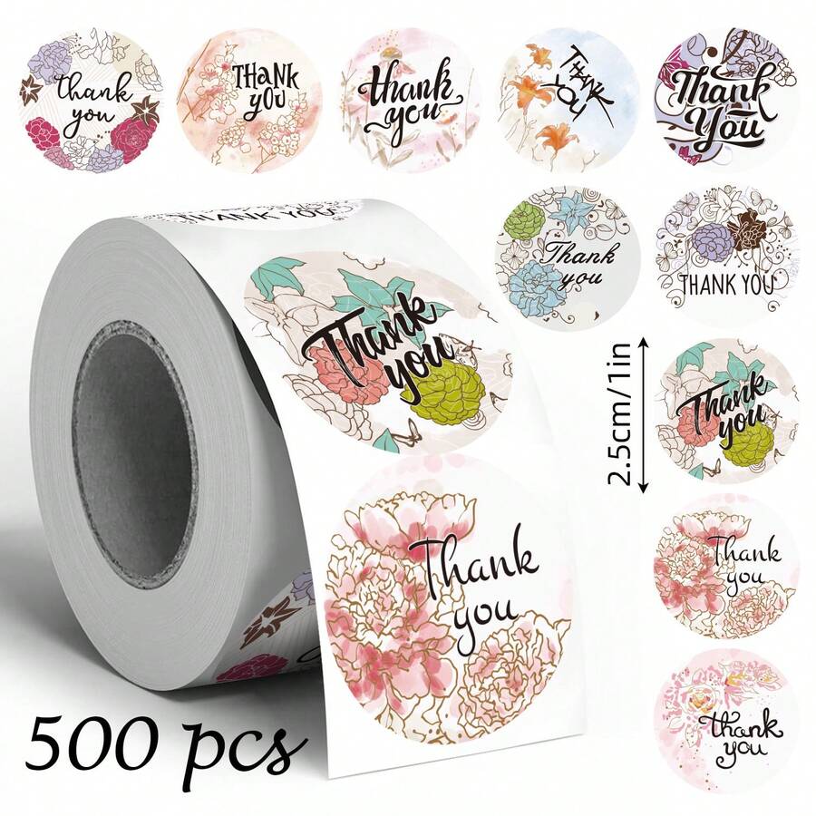500pcs Watercolor Peony Gratitude Doodle Roll Stickers, 1 Inch Round, 10 Pattern Cycle, Morandi Pastel Floral, English "Thank You", Office Stationery Stickers, Suitable For Small Business Package Sealing, Baking Handmade Packaging, Floral Gift Decoration, Holiday Gift Wrapping, DIY Scrapbook Material - Watercolor Peony Thanksgiving - View 1