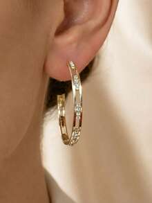 rundraw 2pcs Curved Micro-Inlaid Zirconia Hollow Geometric Luxury Fashion Copper Gold Women's Hoop Earrings, Suitable For Party, Gathering, Ball, Gift Matching - Gold - View 6