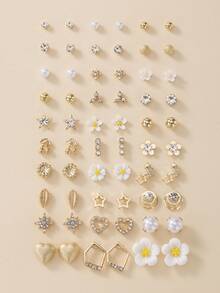 30 Pairs Exquisite Minimalist Star, Heart, Cherry, Flower Earrings Set For Women, Dating Stud Earrings Gift - Yellow Gold - View 1