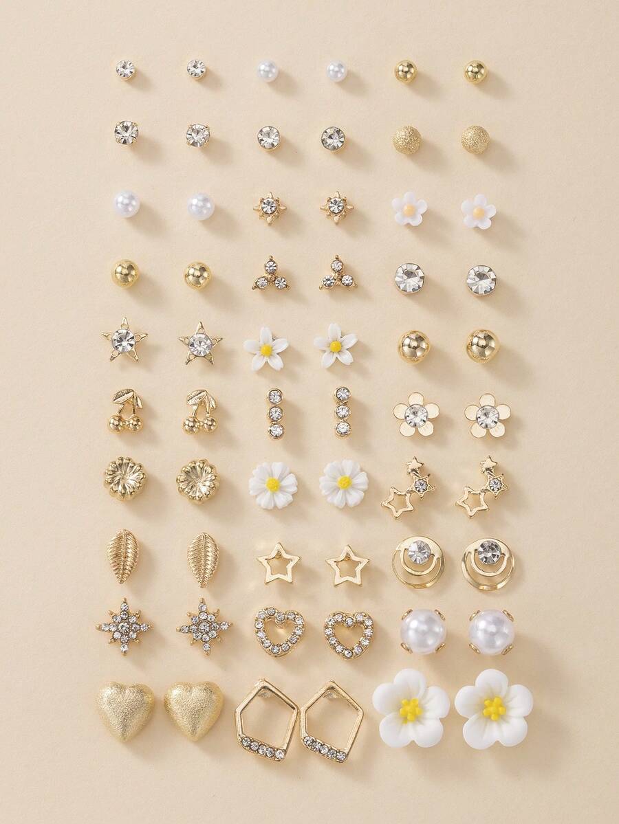 30 Pairs Exquisite Minimalist Star, Heart, Cherry, Flower Earrings Set For Women, Dating Stud Earrings Gift - Yellow Gold - View 1
