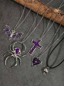 5pcs Vintage Gothic European American Halloween Quirky Gemstone Dark Retro Punk Gothic Bat, Skull, Melting Cross, Rose Heart, Purple Giant Spider Jewelry Pendant Earrings, Bohemian Style Necklace, Y2K Women's Necklace - Black - View 4