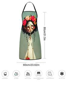 2Pcs Zombie Bride Day Of The Dead Apron Set, Spooky Cute Corpse Bride Floral Crown Kitchen Apron, Gothic Sugar Skull Catrina Cooking Apron, Halloween Wedding Chef Apron For Baking Grilling - Multicolor - View 3