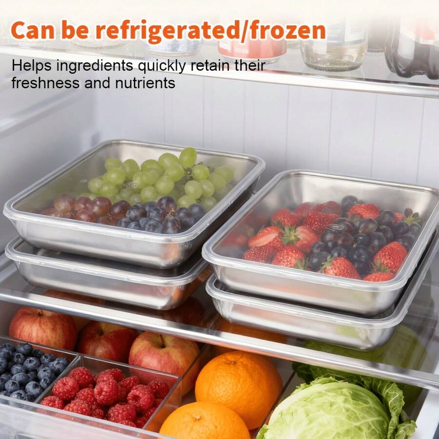 5pcs Large Stainless Steel Square Food Storage Containers With Transparent Lids, Leak-Proof, Stackable, Durable, Perfect For Camping, Outdoor Adventures And Home Use, Ideal For Storing Meat And Fruit