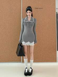 New Women's Spring/Autumn Sexy Style Turn-Down Collar Bow Hem Contrast Lace Fitted Bodycon Long Sleeve Knit Dress - Grey - View 6