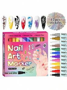 SAUA 12 Colors Nail Art Pens And 12 Reusable Template Stickers Set, Nail Art Pens, Dotting, Doodling And Line Drawing Tools, Nail Design, Home Decor, Christmas Gift, Holiday Gift, Birthday Gift - Multicolor - View 8