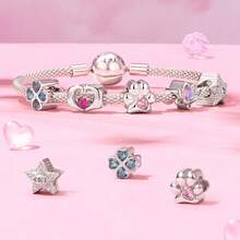 BAMOER 925 Sterling Silver Mini DIY Pendant Bracelet, Clover Paw Print Lotus Colorful Zirconia Mesh Chain Women's Wrist Accessory - Silver - View 4