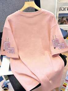 Plus Size Women's Casual Printed Pattern Round Neck Short Sleeve T-Shirt Top Suitable For Spring And Summer Pink - Pink - View 2