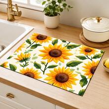 1pc Sunflower Print Kitchen Countertop Mat, Absorbent Quick-Drying Non-Slip Diatom Mud Drain Mat, Coffee Machine Mat, Dish Drying Mat, Country Style Kitchen Decor - Multicolor - View 2