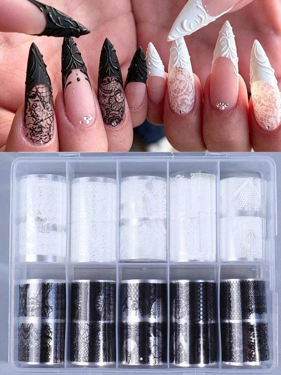 10卷/盒 黑白蕾絲美甲箔紙,復古浪漫優雅蕾絲不對稱條紋線條蝴蝶花卉印花設計,DIY時尚婚禮美甲轉印貼紙,美甲裝飾用品 - 黑與白 - 查看 1