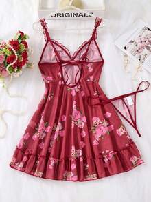 2pcs Sexy Lingerie Sleepwear Set, Includes Matching Thong, Exquisite Ruffle Hem, Vibrant Floral Pattern - Burgundy - View 2