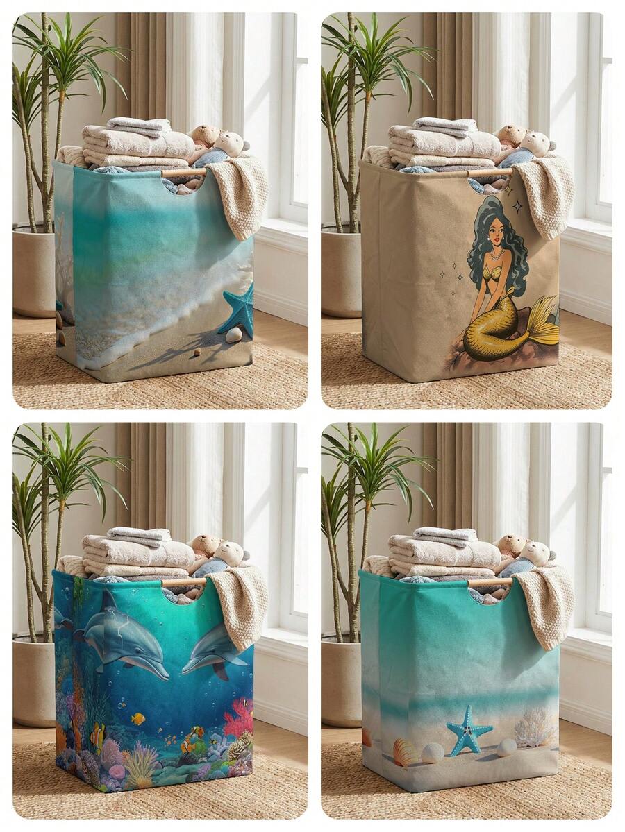 1pc Storage Basket, Laundry Hamper, Washing Basket, Storage Bin, Ocean Print Design, Foldable Multi-Purpose Basket With Wooden Handles, Suitable For Daily Clothing Storage And Organization - Multicolor - View 1