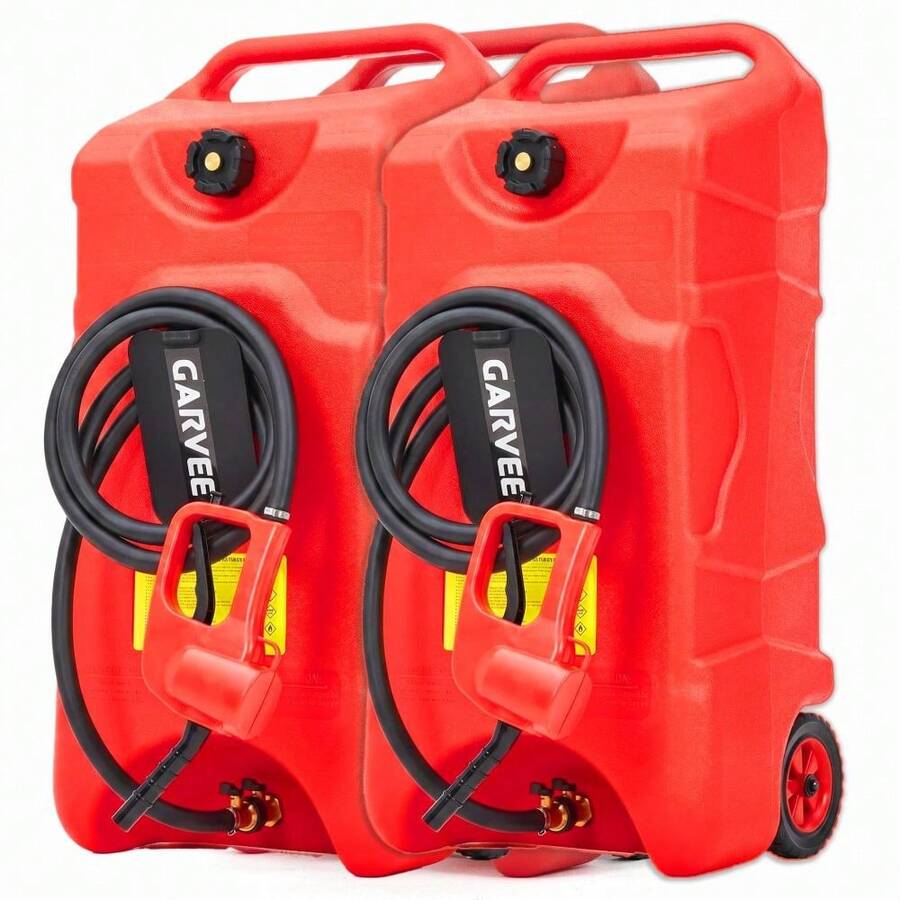 2 Pack 16 Gallon Portable Fuel Tank With Manual Pump – 60L HDPE Storage Caddy On Wheels, 10 FT Leak-Proof Transfer Siphon Hose For Gasoline & Fuel Injection System  For Car, Boat, Tractor, Generator - Red - View 1