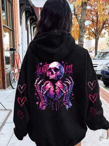 Sudadera con capucha de talla grande para mujer con estampado de calavera y corazón, bolsillo y cordón, casual, color negro, para primavera - Negro - Ver 10