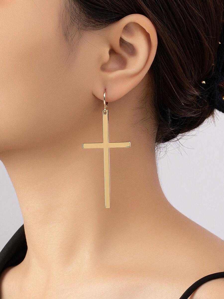 1 par de pendientes colgantes de cruz geométrica de metal minimalista de moda, 2 tamaños, adecuados para uso diario casual, fiesta, vacaciones - pendientes de cruz - Ver 1