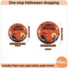 10/24pcs Disposable Paper Tableware Set, Includes 7/9 Inch Disposable Paper Plates, Cups And Napkins, Orange Halloween Theme, Haunted House, Ghost, Pumpkin, Bat And Tombstone Cartoon Patterns, Suitable For Halloween Party Celebration - Halloween Castle - View 13