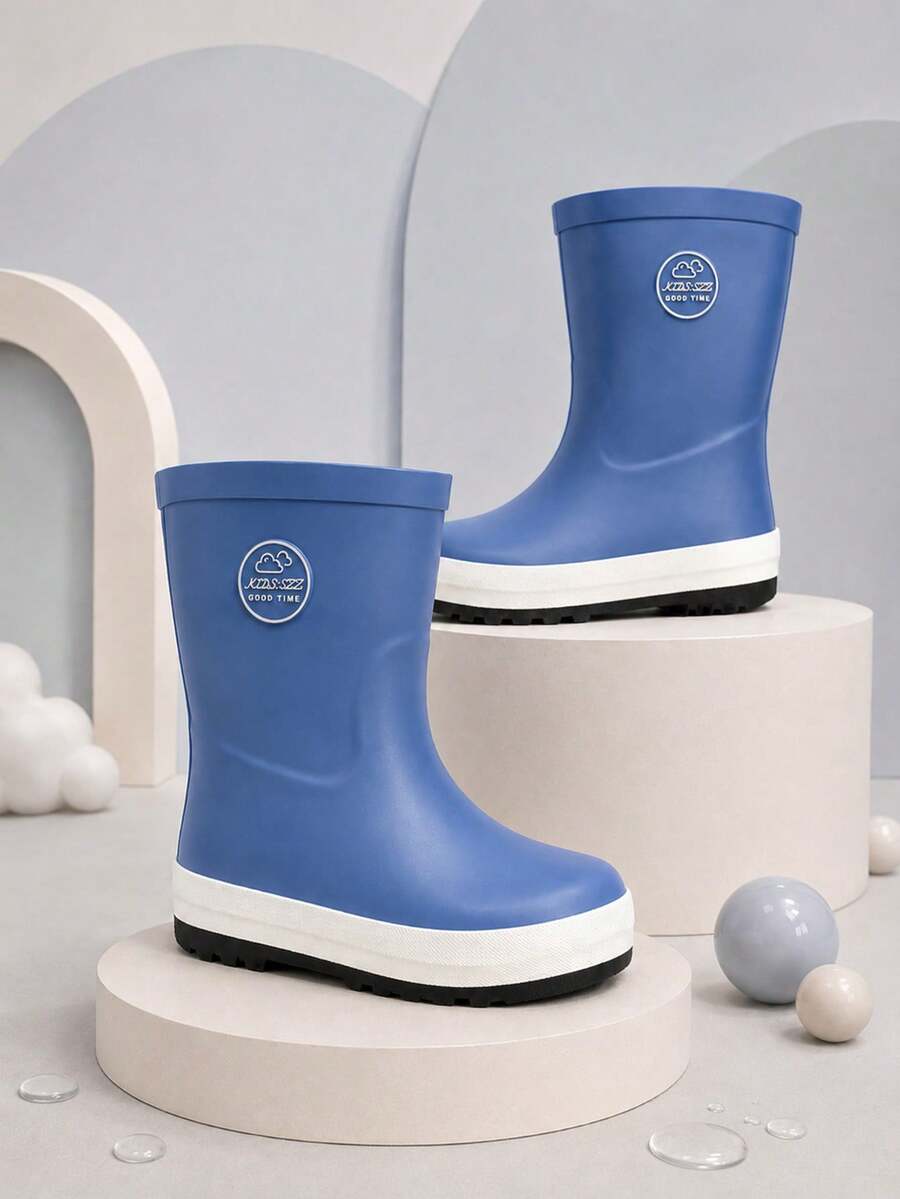Kids Blue Solid Color Rain Boots, Waterproof Non-Slip Boots For Outdoor Play And Rainy Days - 藍色 - 查看 1