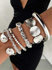 6pcs Vintage Exaggerated Glamorous Geometric Design Wide Metal Silver Color Bracelet Set For Daily Wear And Gift - Silver - View 2
