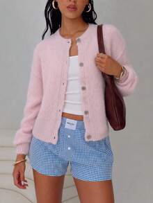 Cardigan Rajut Mohair Lembut dan Halus untuk Wanita, Warna Pink Polos, Kerah Bulat, Kancing Depan, Lengan Panjang, Longgar, Kasual, Jaket Sweater Musim Gugur - Baby Pink - View 2