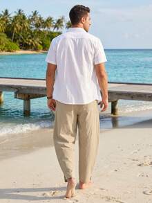 Men's American Style Loose Linen Casual Minimalist Straight Leg Drawstring Curved Hem Pants - Khaki - View 6